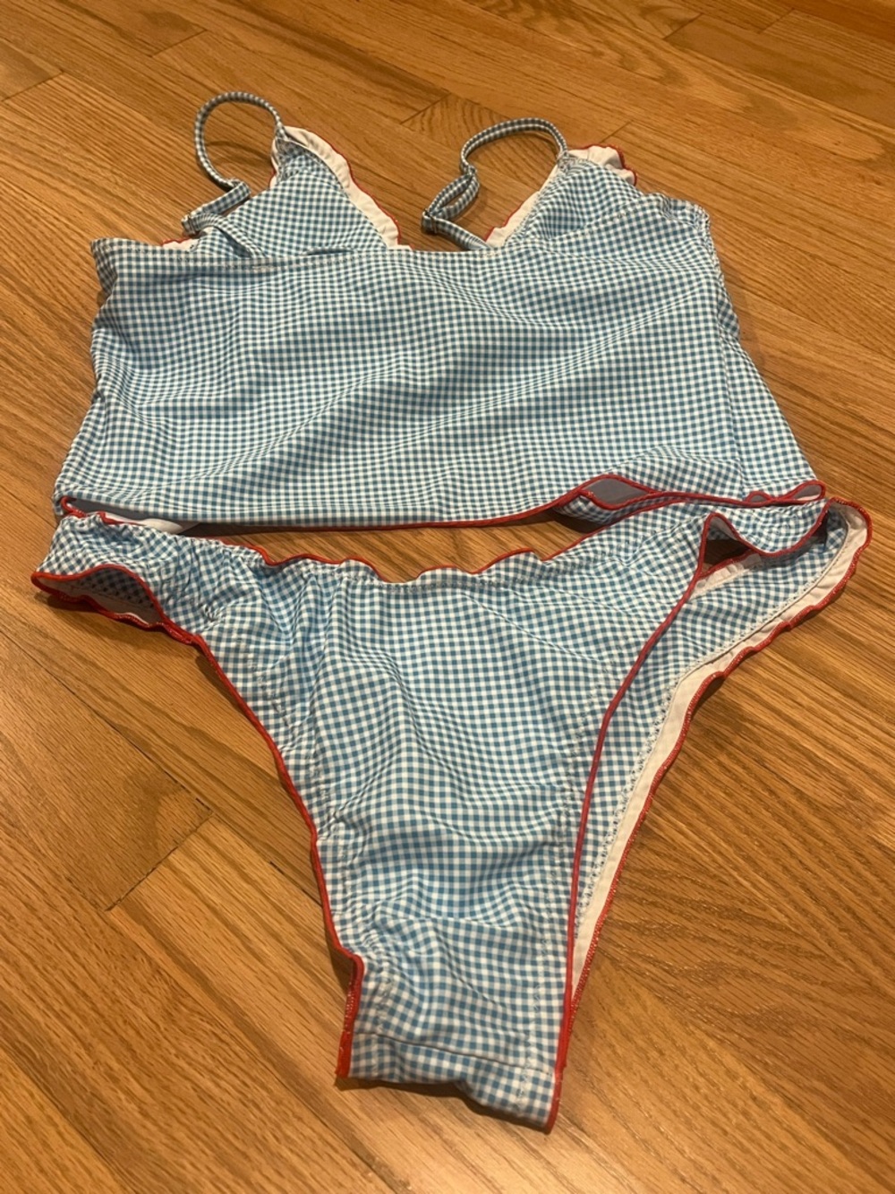 SEAMOLLY VINTAGE GINGHAM BOWKNOT DECOR SMOCKED RUFFLES TIE FRONT TANKINI SET - Picture 2 of 3